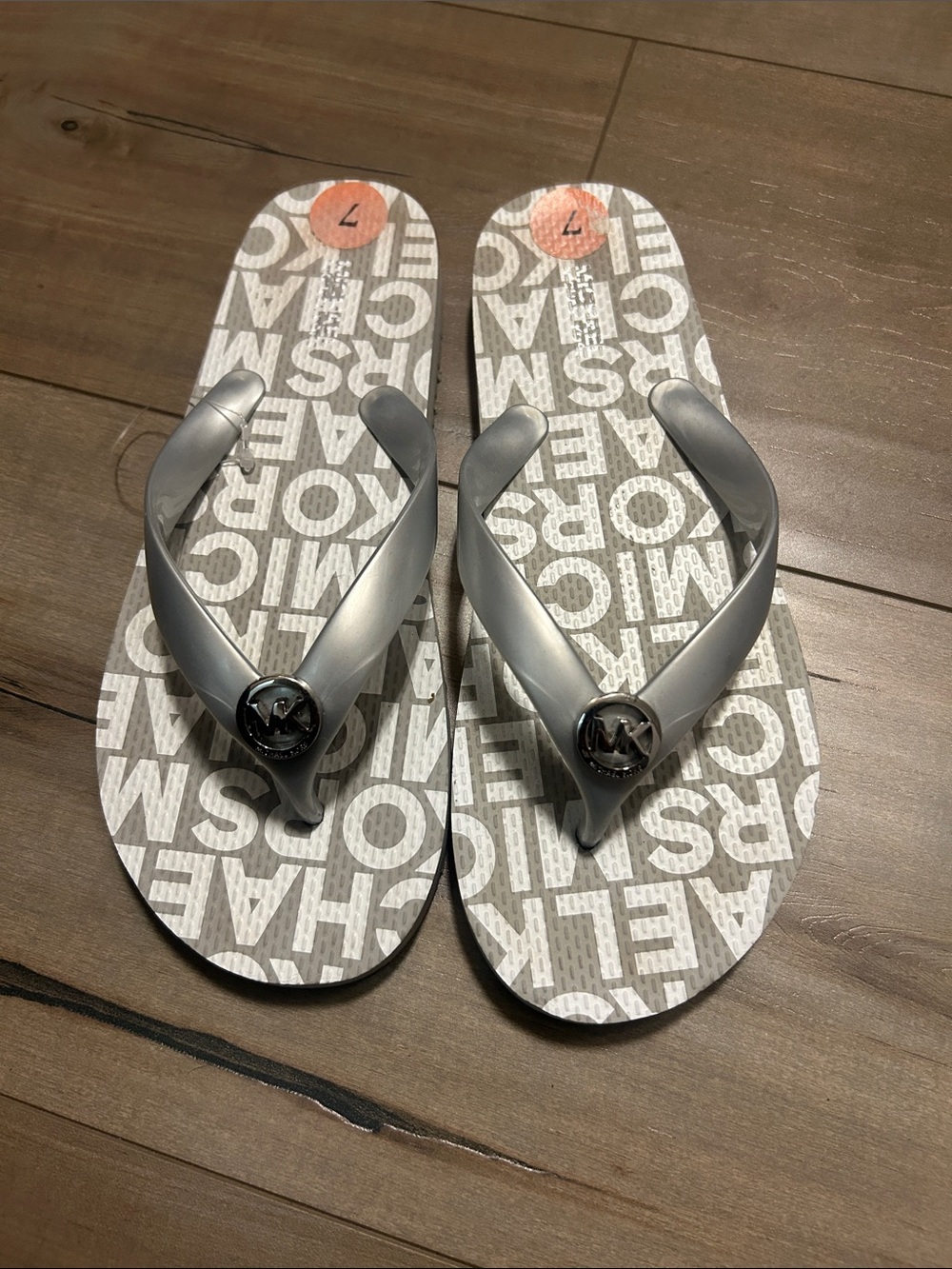 Michael Kors Silver Logo Thong Sandals - Gray/White